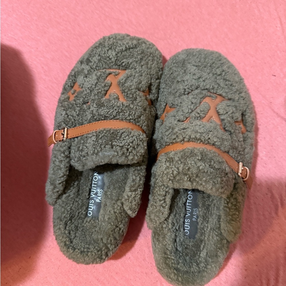 Louis Vuitton Olive Shearling Slippers